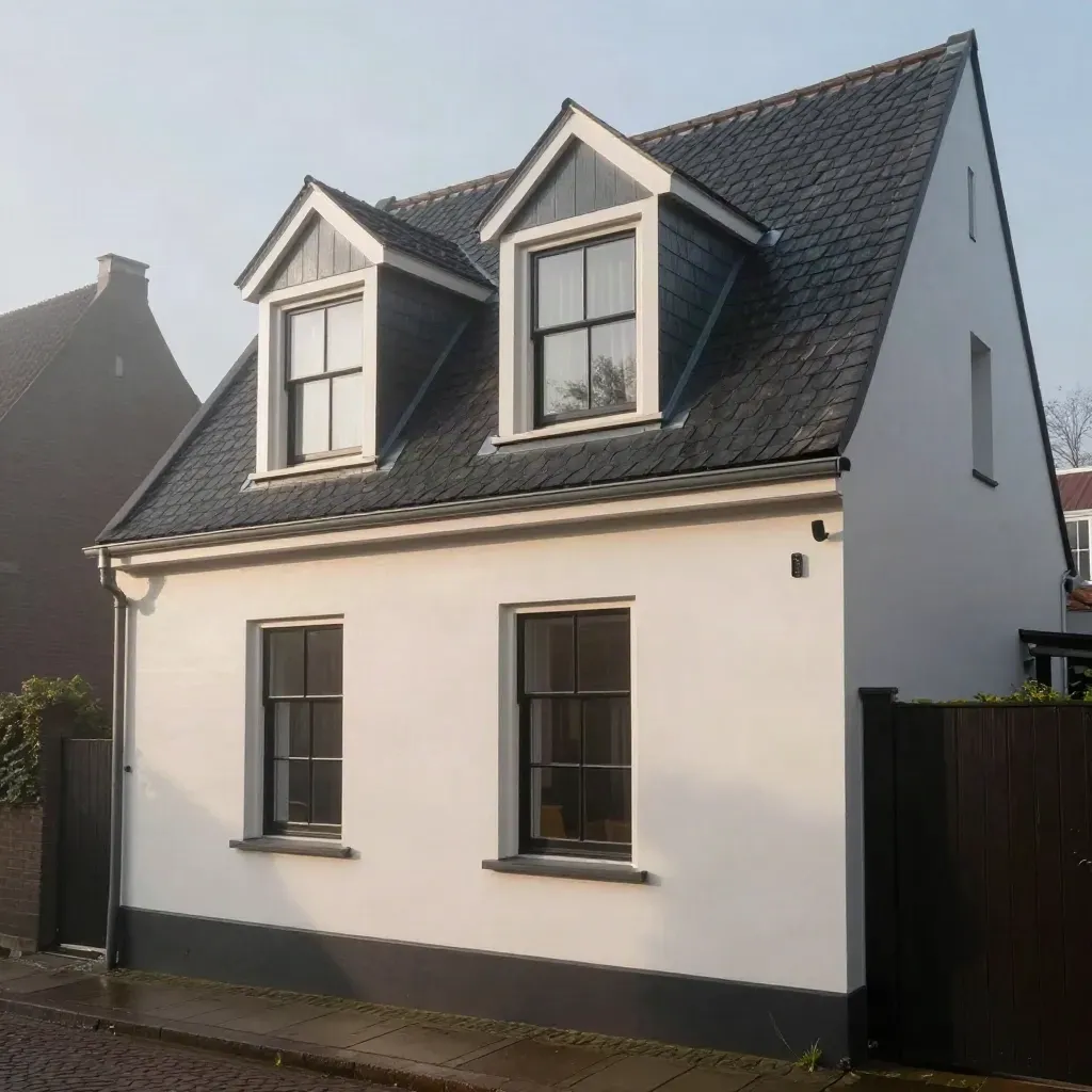 Opwaarts shot van een nieuwe dakkapel aan een rustige Nederlandse gevel in ochtendmist.