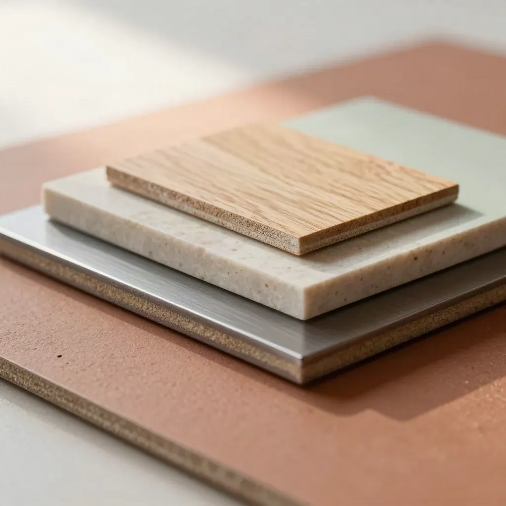 Extreem macro van materiaalstalen met gips, eiken, steen en sage op een zachte ondergrond.
