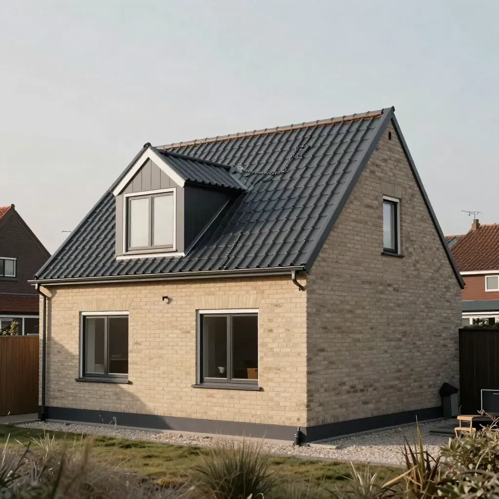 Voltooide dakopbouw met nette baksteen, dakkapel en rustige ochtendmist.