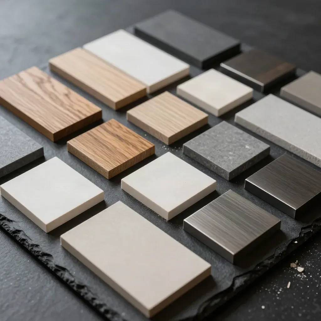 Bovenaanzicht van materiaalstalen van hout, pleister, steen en metaal op donker leisteen.