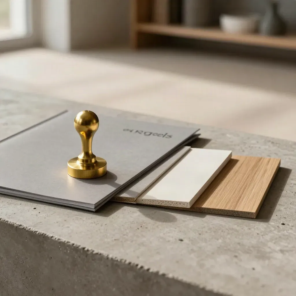 Brass keurzegel met drie materiaalstalen en gesloten map op beton, zacht van links belicht.