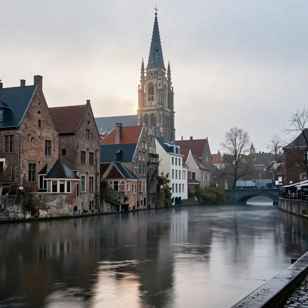 Domtoren boven stille Utrechtse grachten in ochtendmist, met open water voor copy.