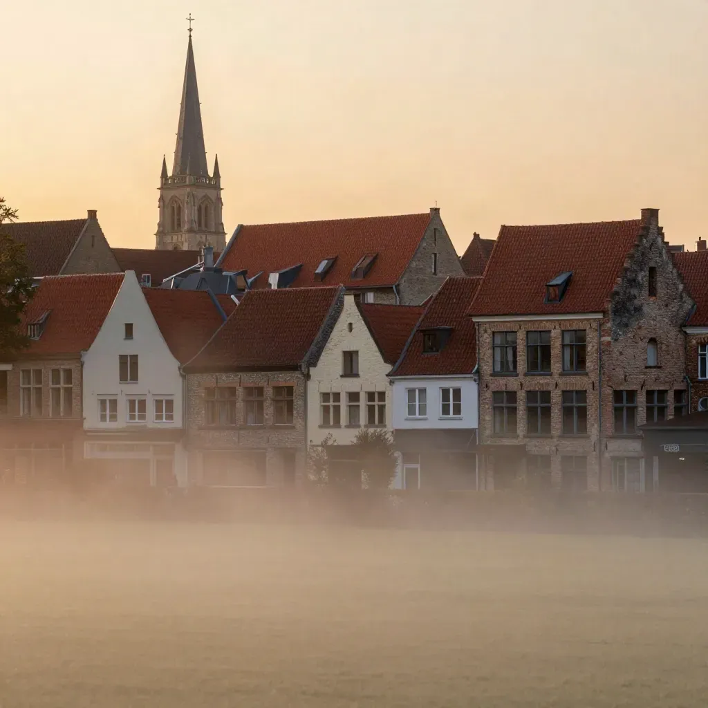 Brabantse stadssilhouet met rode daken, kerktoren en baksteen in warme avondnevel.