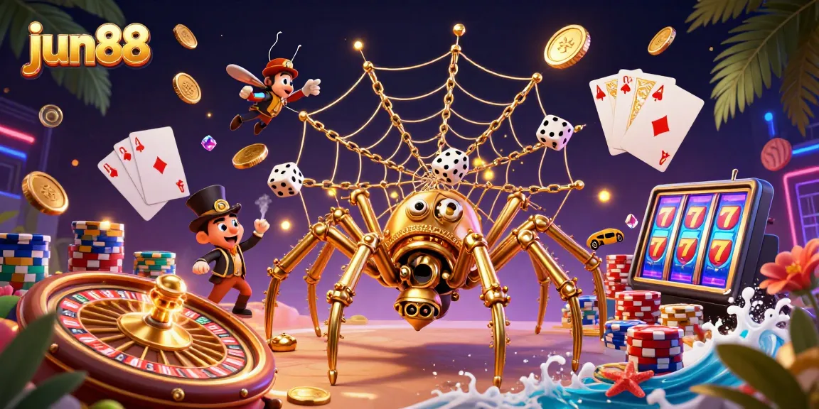Experience thrilling gameplay at jun88 with a dynamic 3D casino illustration showcasing gold coins and a roulette wheel.
