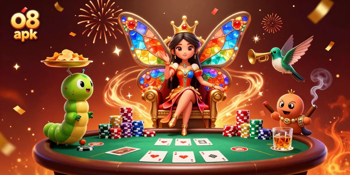 Experience immersive gaming with the vibrant o8 apk illustration, showcasing casino excitement and characters.