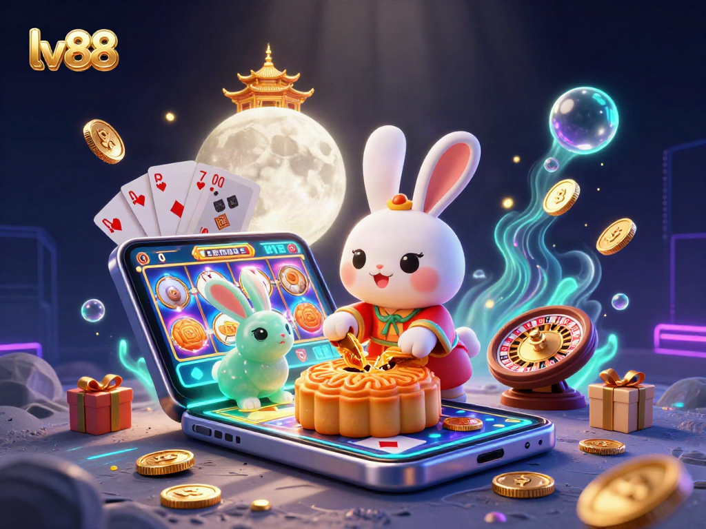 Spin and win with lv88 in a vibrant 3D gaming scene featuring our moon rabbit and friends.