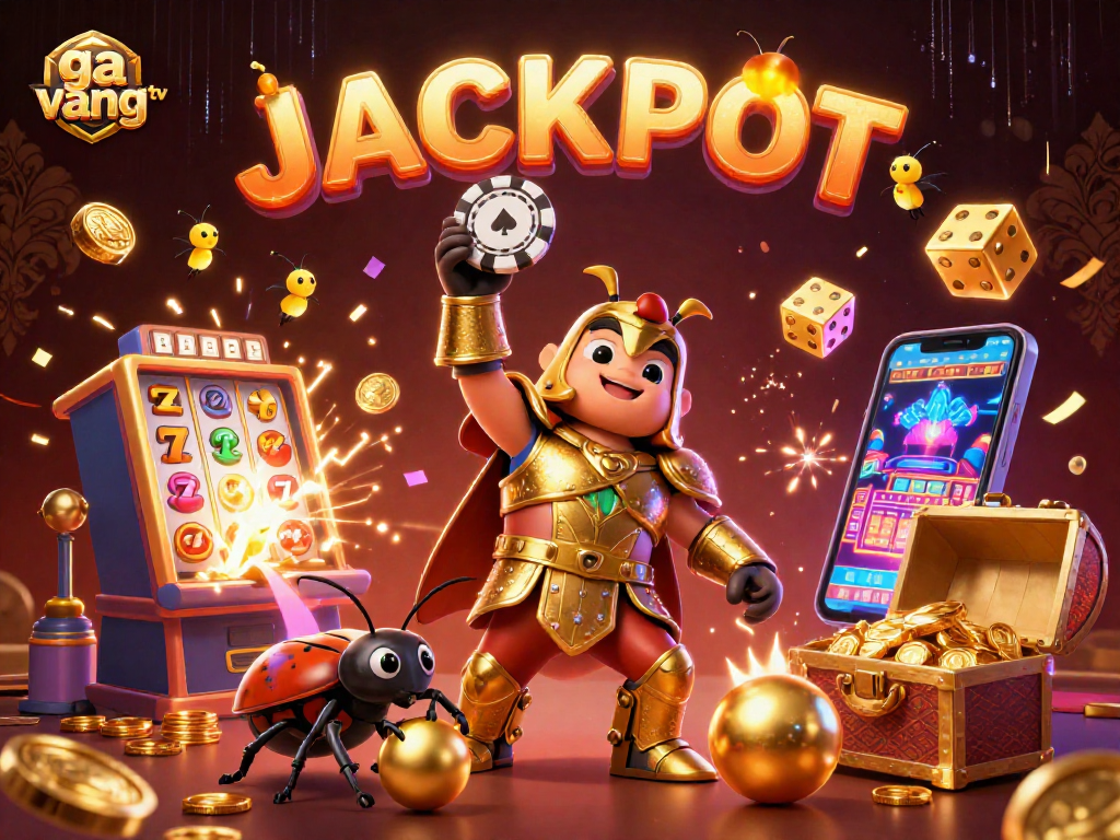 Celebrate a ga vang tv jackpot with a 3D beetle hero amidst vibrant casino elements.