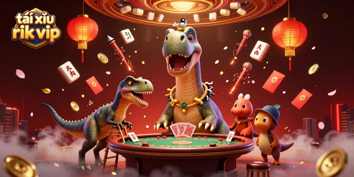 Engage in exciting gameplay at tài xỉu rik vip with a whimsical illustration featuring a giant brontosaurus and dynamic card dealing.