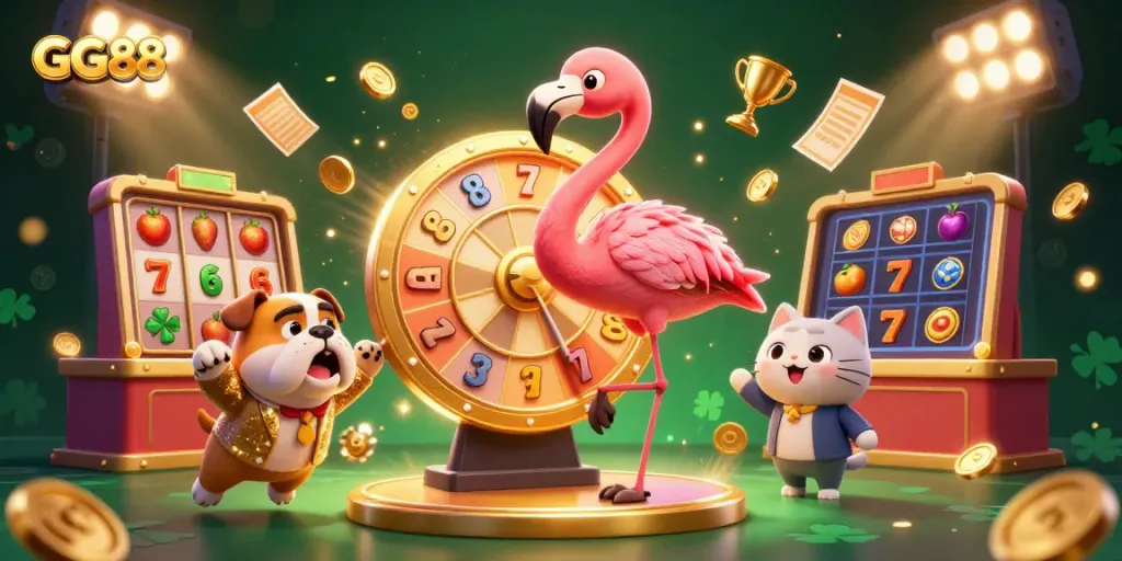 Engage in thrilling gameplay at GG88 with a vibrant 3D casino scene featuring exciting slot elements.