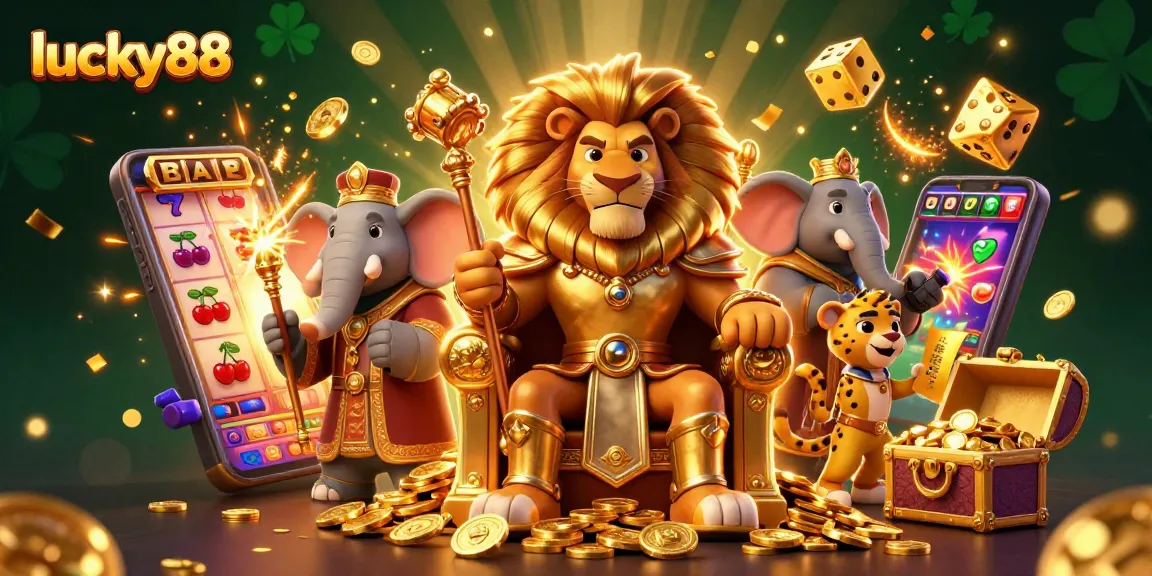 Win big rewards with lucky88 in a vibrant, dynamic casino scene featuring a lion king and slot elements.