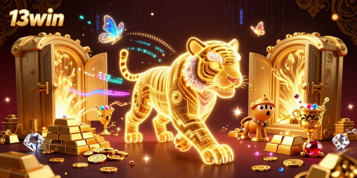 Experience thrilling wins at 13win with vibrant casino elements and the iconic golden tiger.