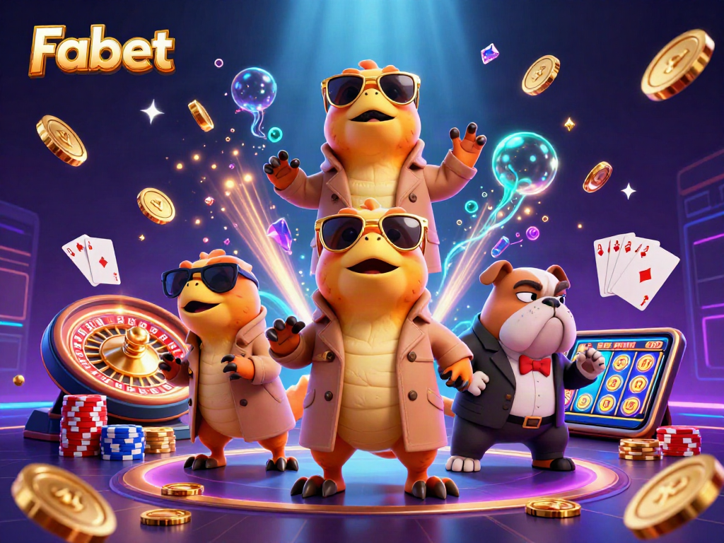 Experience the thrilling atmosphere of Fabet with playful raptors in a casino scene filled with gold and excitement.