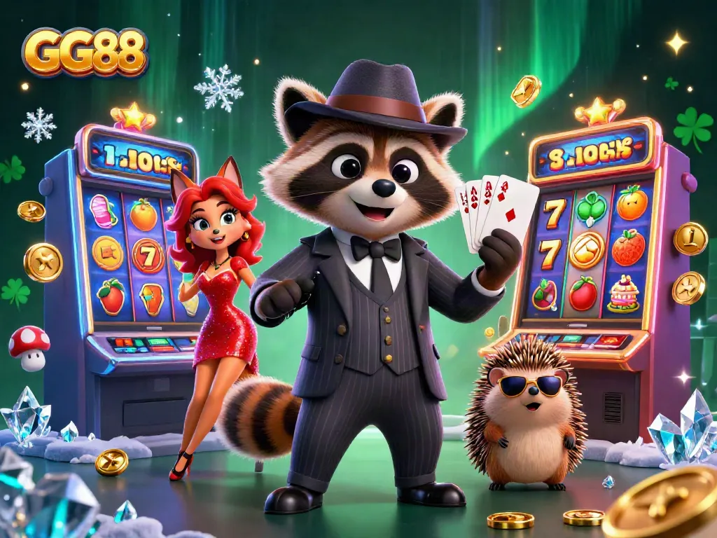 Experience the thrill of GG88 with a raccoon holding a winning royal flush at a vibrant casino scene.