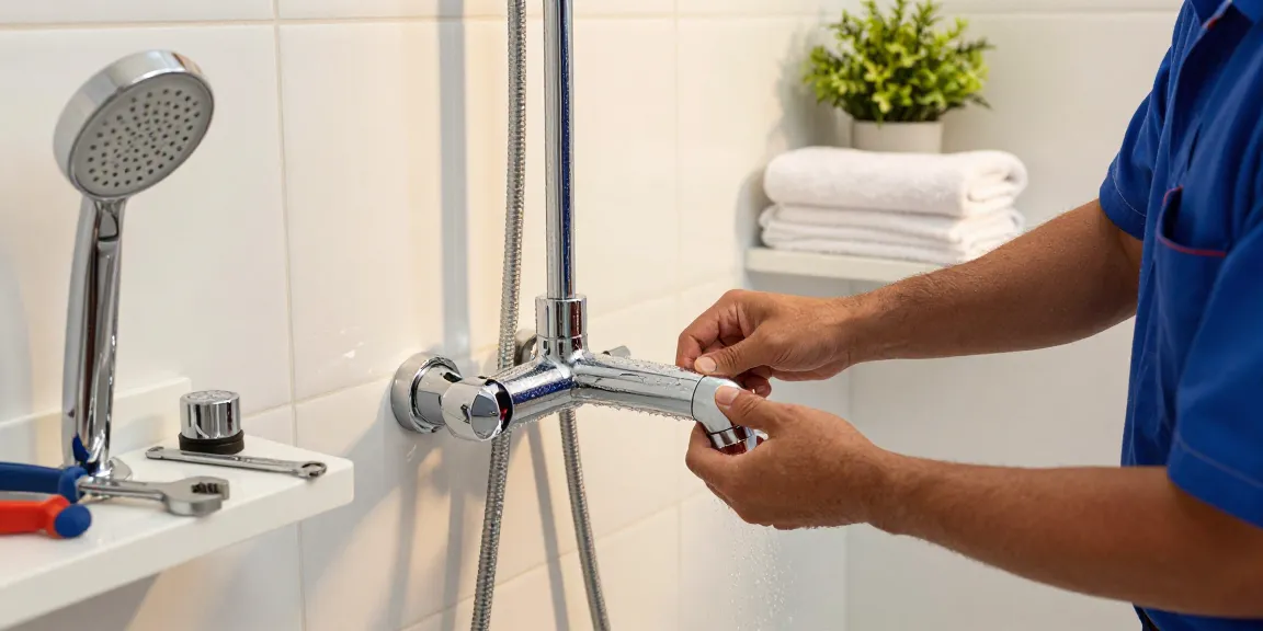 Een moderne douchekraan installatie met een loodgieter en chroom afwerkingen in een stijlvolle badkamer.