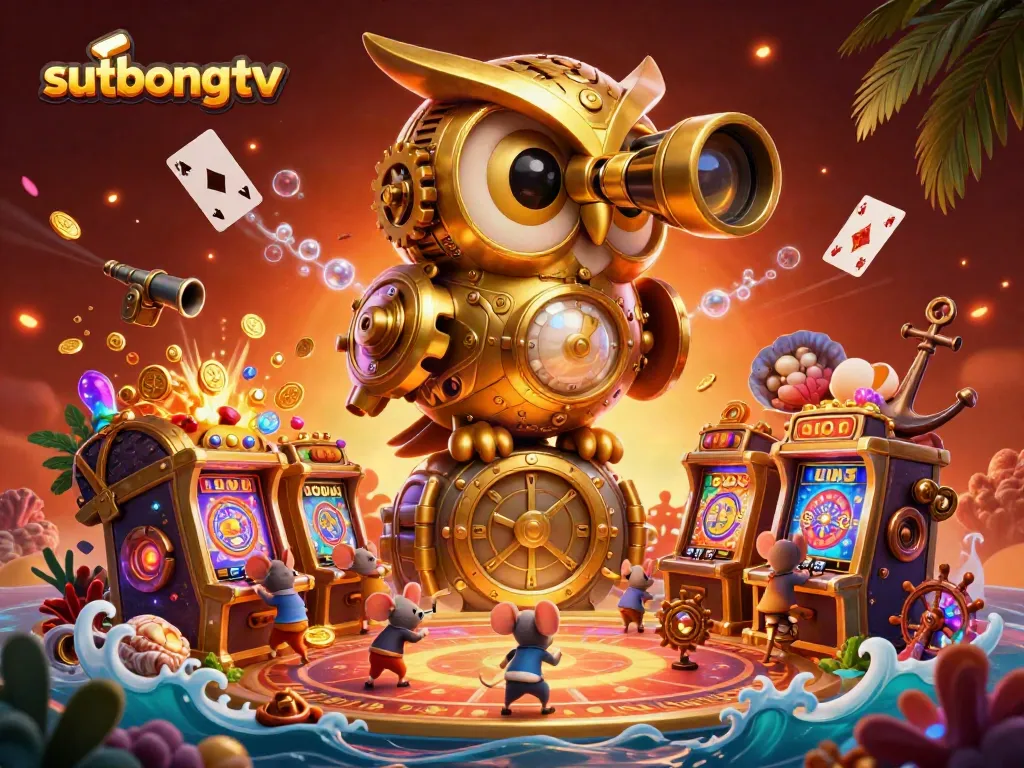 Sutbongtv offers a vibrant atmosphere with a clockwork owl watching over lively slot machines in a packed casino.