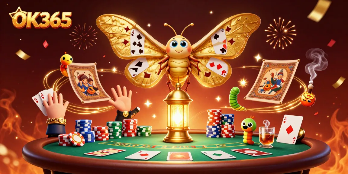 Spin and win big at OK365 with a vibrant 3D casino scene showcasing a moth and dynamic poker elements.