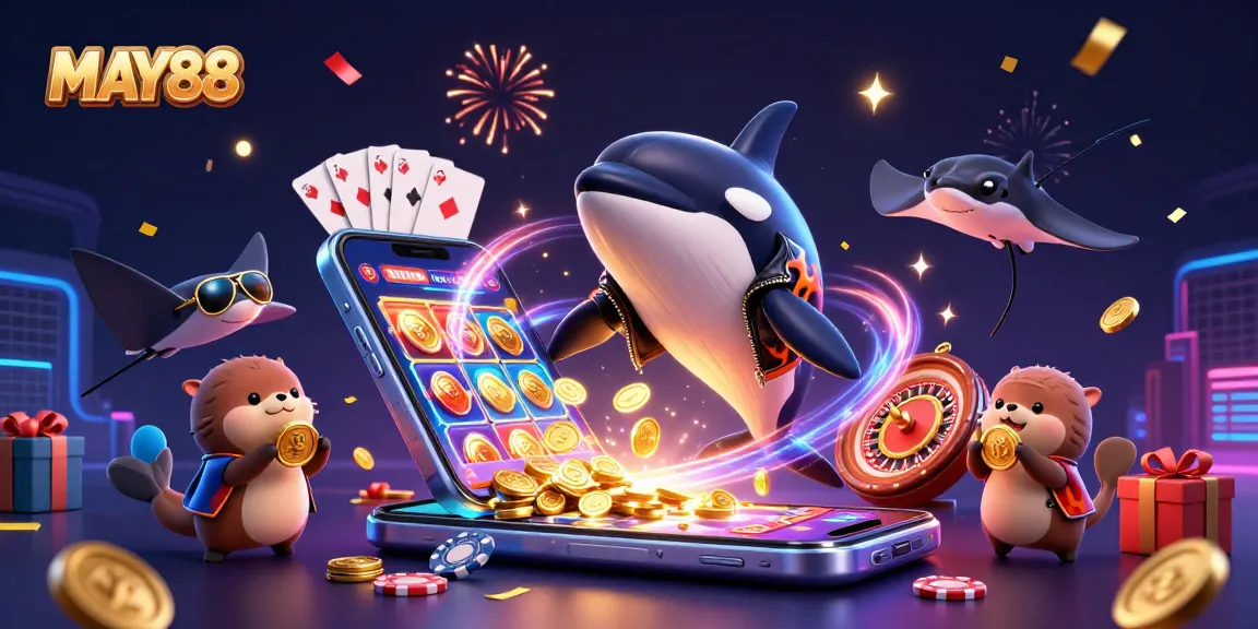 MAY88 showcases festive gaming fun with an orca, stingray, and otter family amidst vibrant slot game elements.