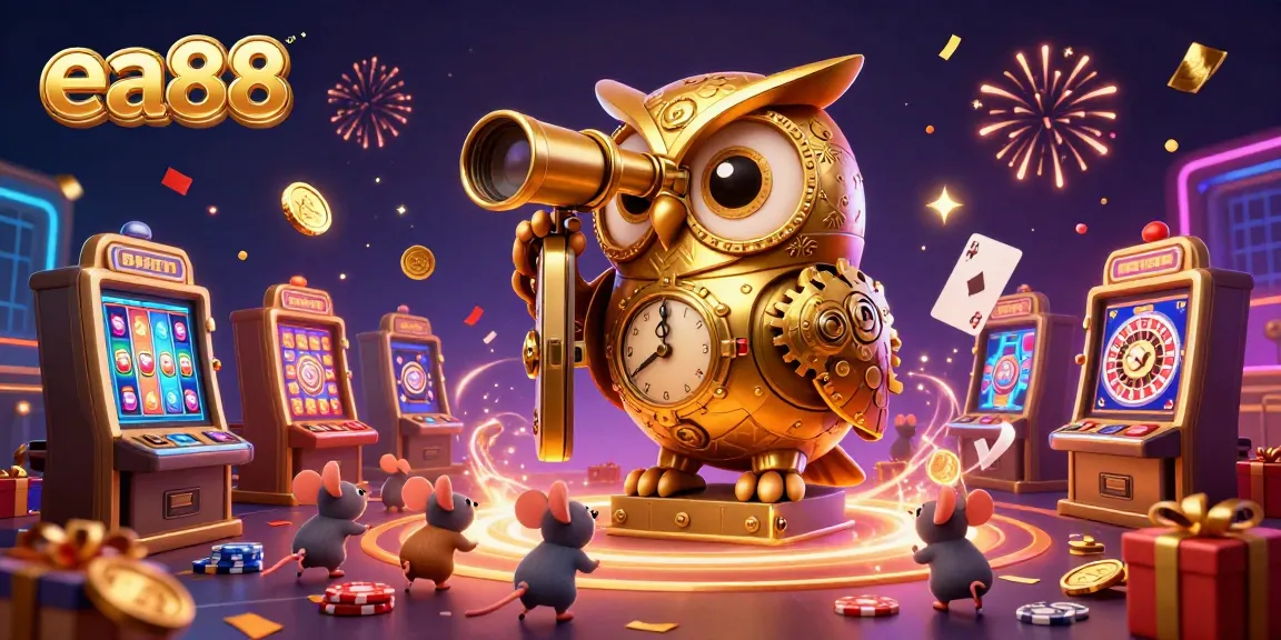 Experience the vibrant thrills of ea88 with a fantastical 3D casino scene featuring a golden owl, slot machines, and winning elements.