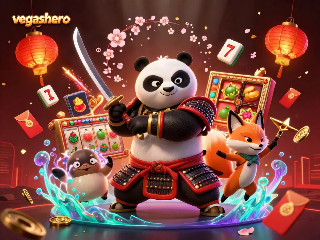 Engage with the vegashero samurai panda and friends as they spin for jackpots in an exciting casino scene.