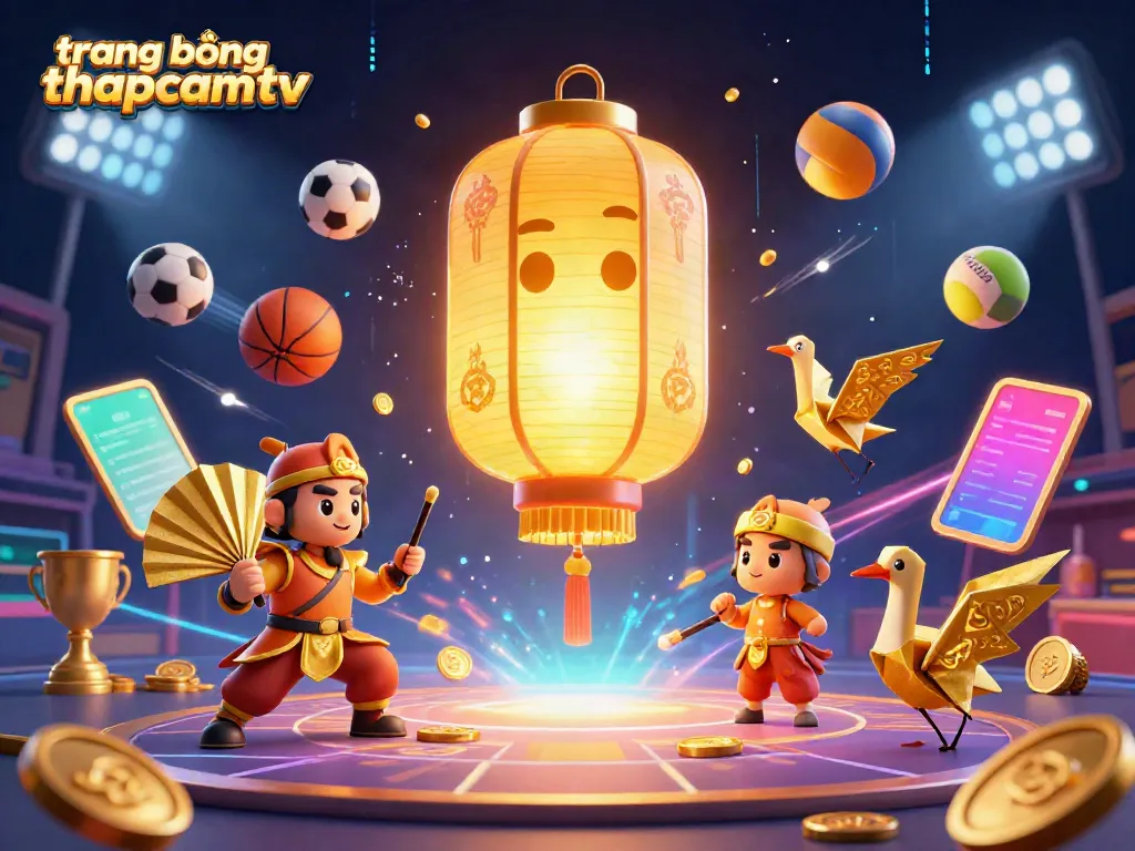 Engage in dynamic sports betting with trang bóng thapcamtv, featuring vibrant 3D elements like sports balls and glowing trophies.