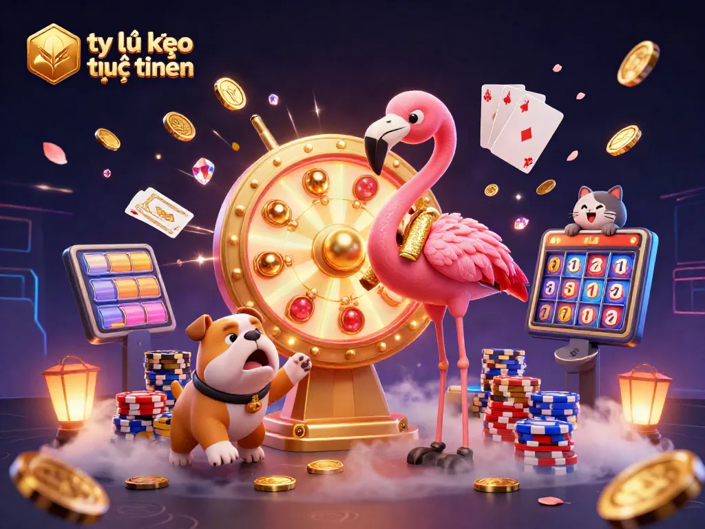 Bet on tỷ lệ kèo trực tuyến with exciting characters revealing prizes in a vibrant casino scene.