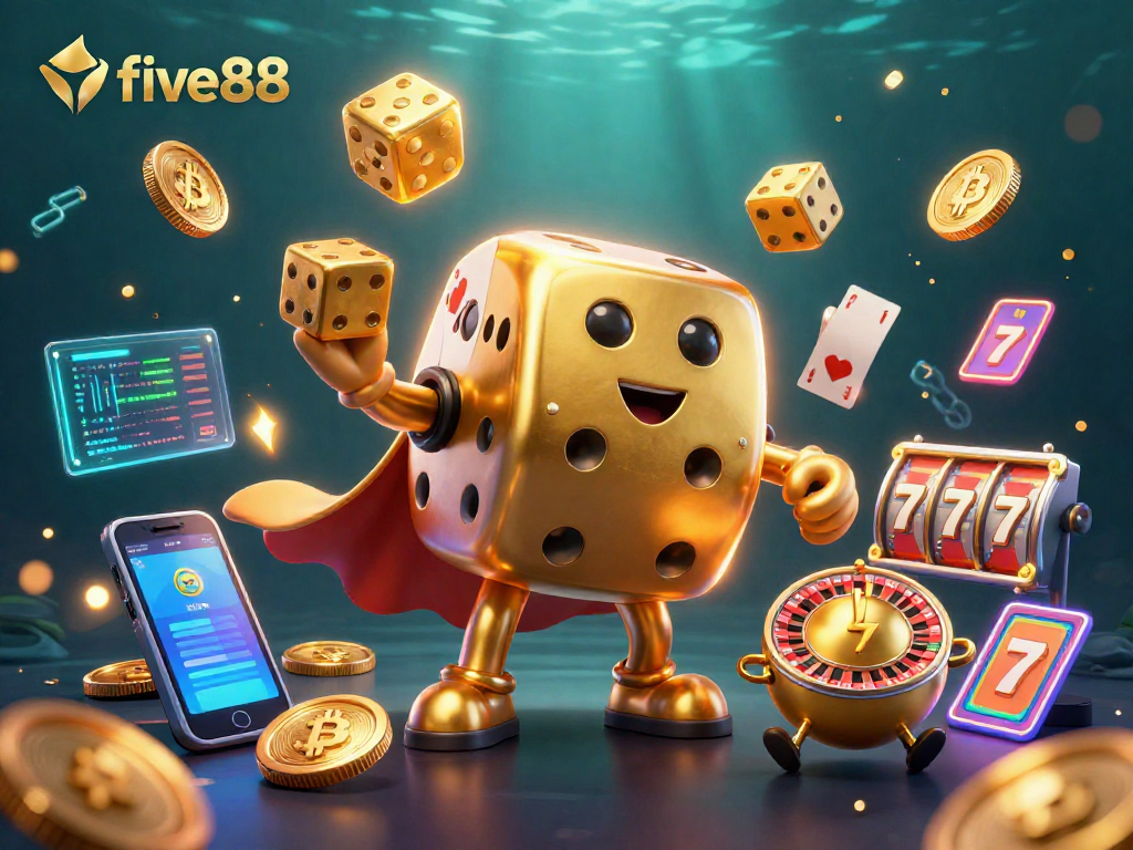 Engage with five88's vibrant casino scene featuring golden dice, slot reels, and crypto elements.