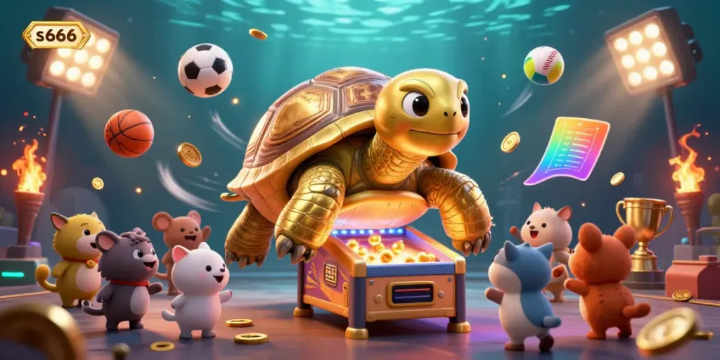 Experience thrilling gameplay at s666 with an exciting golden tortoise pinball machine surrounded by vibrant sports elements.