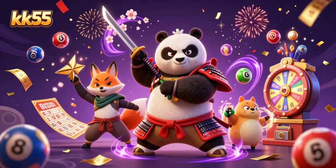 kk55 displays an exciting casino scene with a samurai panda, ninja fox, and floating tanuki.