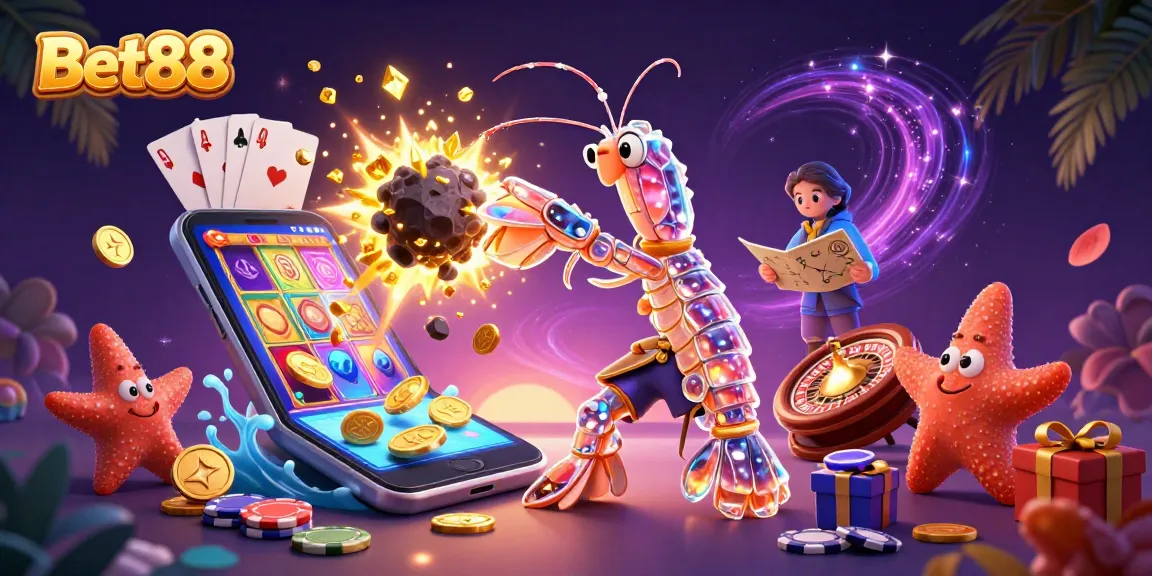 Engage with Bet88's dynamic allure featuring a galactic mantis shrimp amidst casino elements.