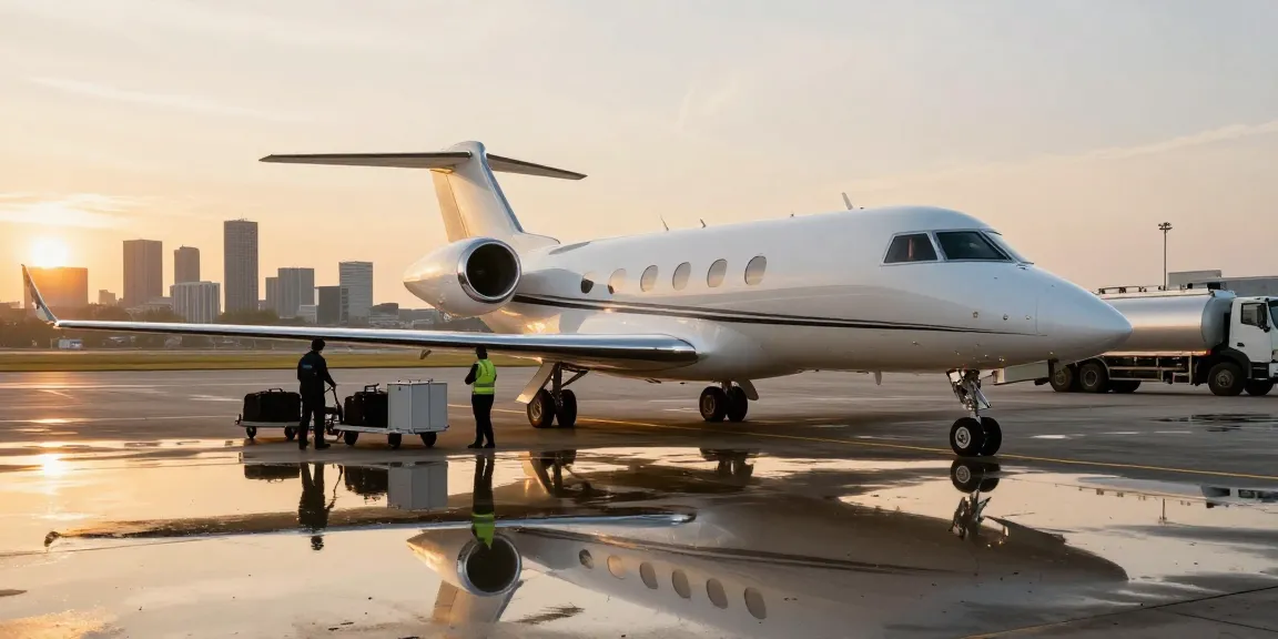 Private jet rental Amsterdam with a luxurious aircraft at Schiphol Airport during sunrise, showcasing professional ground services.