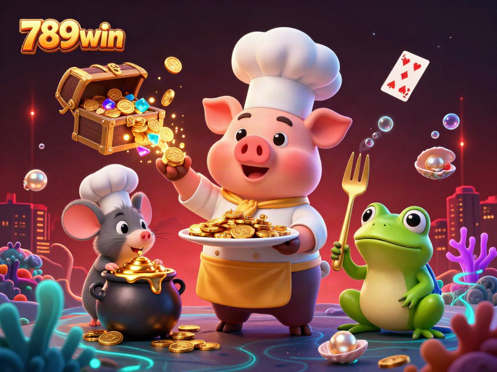 Engage with the vibrant scene depicting 789win, featuring characters and gold coins in a dynamic underwater casino.