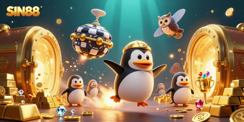 SIN88 transforms space with a rocket-powered penguin, gold coins, and dazzling gems in vibrant casino design.