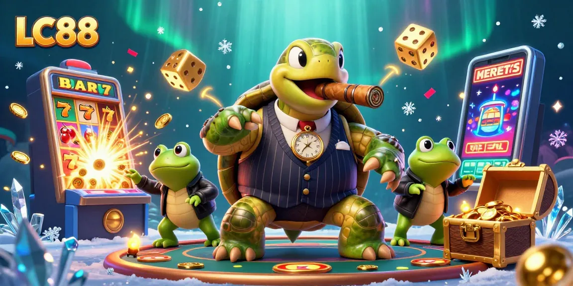 Experience the thrill at LC88 with an exciting casino scene featuring colorful slot machines and characters.