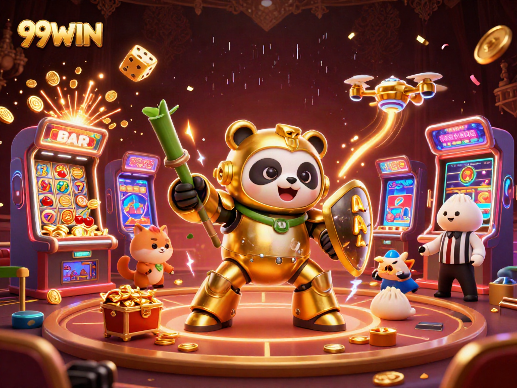 99WIN casino frenzy with a golden panda in a vibrant gambling arena full of slot machines and excitement.