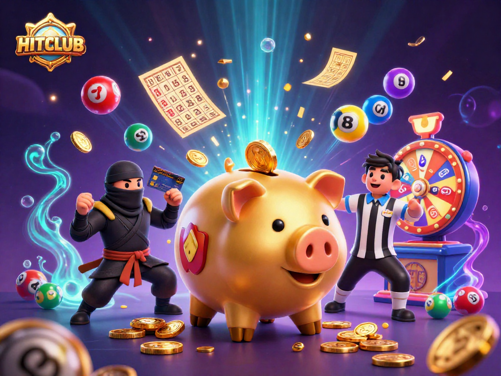 Experience HITCLUB's excitement with a vibrant scene of games, gold coins, and animated characters engaging in thrilling gambling action.