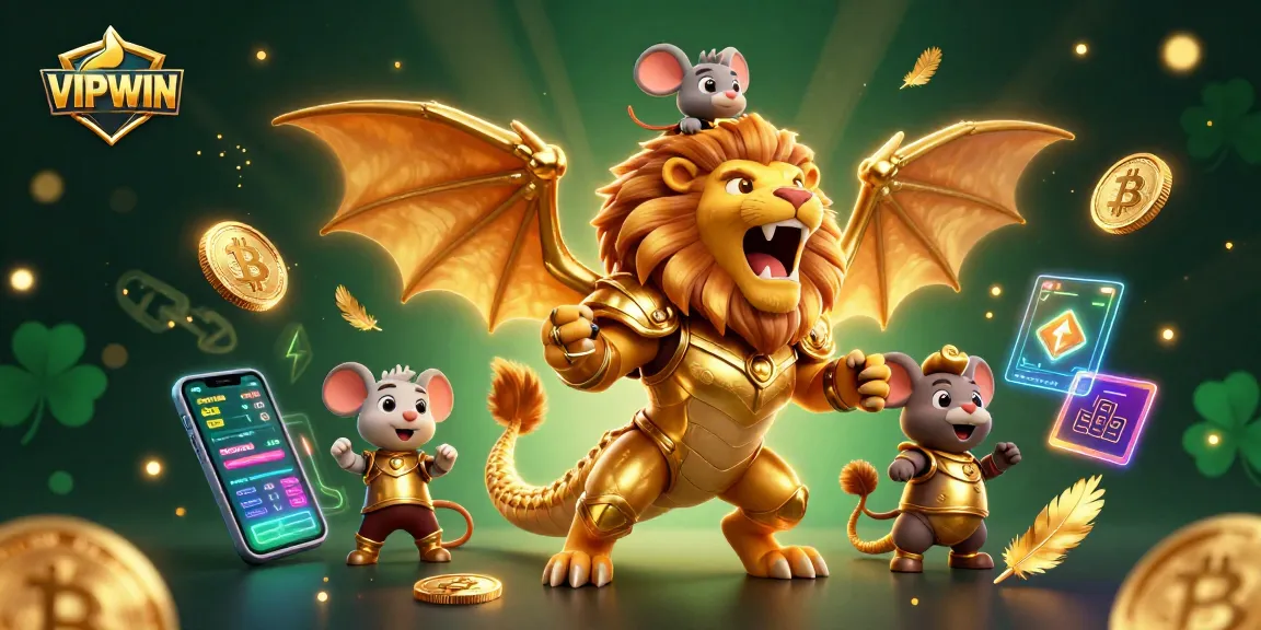 Experience thrilling games at VIPWIN with a golden chimera and crypto visuals in a dynamic casino scene.