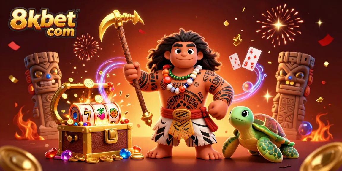 Experience thrilling slots at 8xbet com with Polynesian hawk and treasures in a vibrant casino scene.