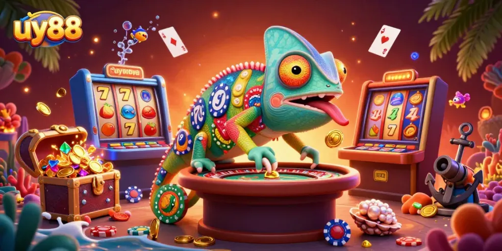 Experience the vibrant world of uy88 as a chameleon casino owner captures golden coins in a colorful, dynamic gaming scene.