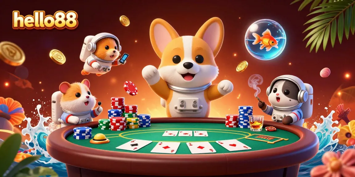 Experience exciting gaming at hello88 with floating poker chips and colorful 3D characters in a casino scene.
