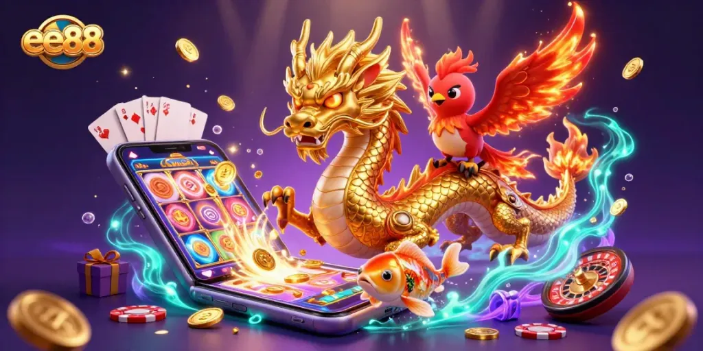 Experience the thrill of gambling with ee88 as a golden dragon, phoenix, and koi fish captivate players.