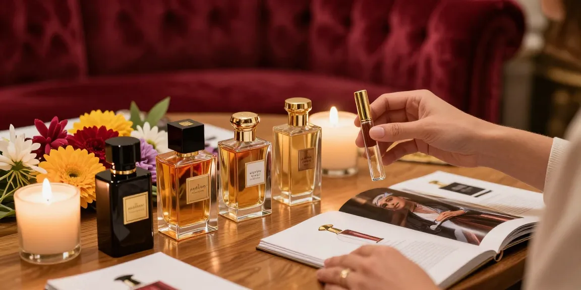 Parfum sample kopen in luxe setting met geuren en bloemen.