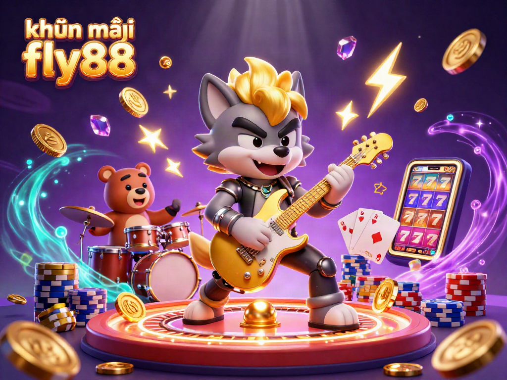 Experience thrilling khuyến mãi fly88 promotions with a vibrant casino stage featuring a rocking wolf and exciting game elements.