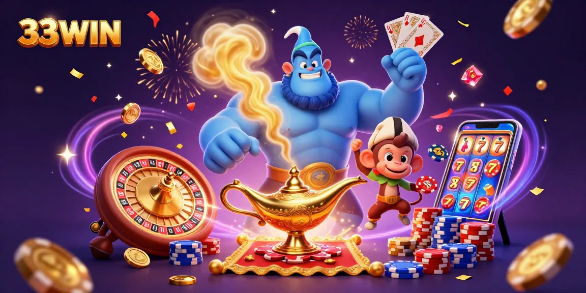 Engage in thrilling casino experiences at 33WIN with colorful chips, vibrant cards, and dynamic gaming elements.