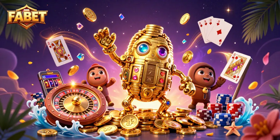 Spin the reels with FABET's exciting golden golem and casino action in a vivid casino scene.