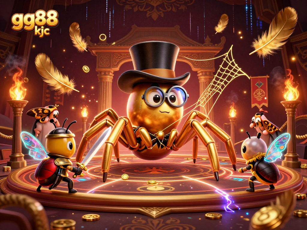 Engage in thrilling action at gg88 kjc with a dynamic gaming scene featuring a golden tarantula and brave beetle knight.