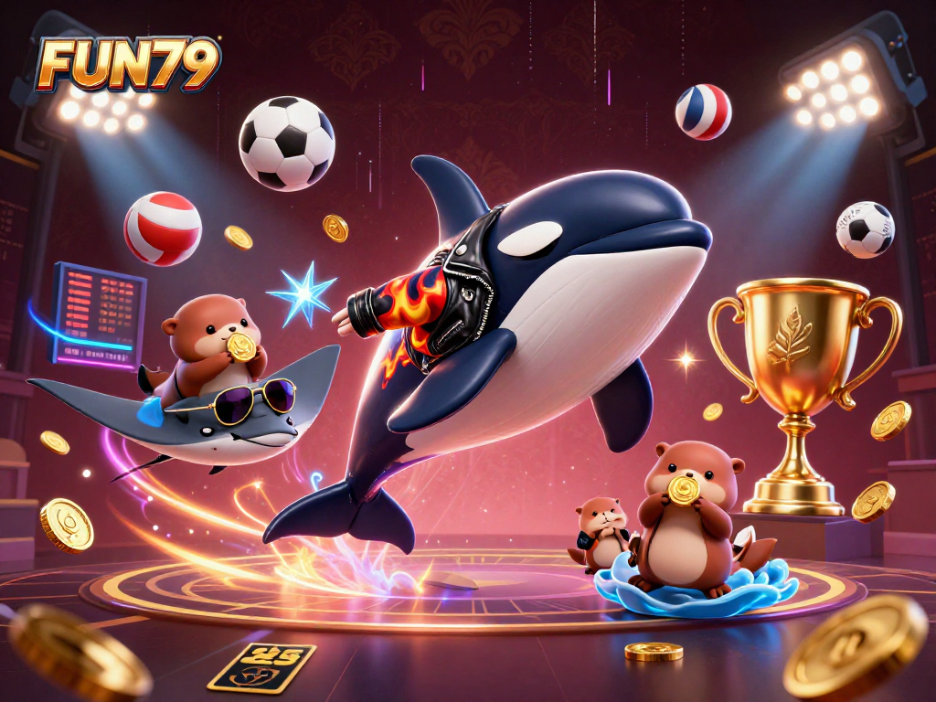 Experience thrilling gaming at FUN79 with a vibrant 3D scene of characters celebrating winnings.