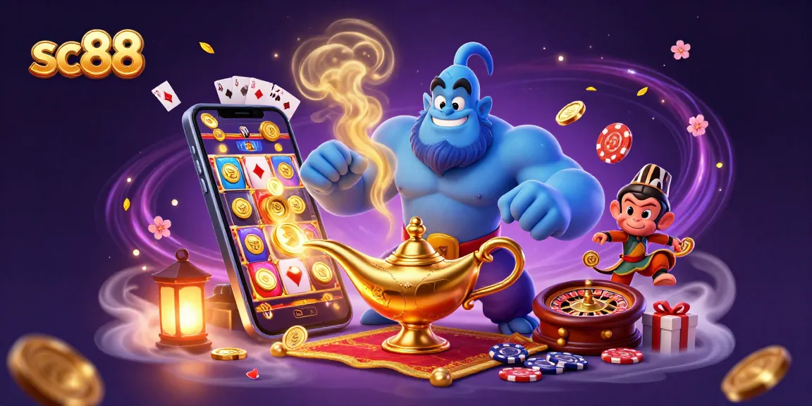 Win big with sc88 in a magical casino scene featuring an energetic genie and vibrant gaming elements.