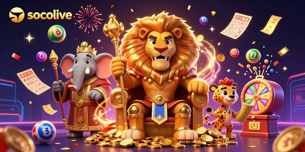 Socolive presents an exciting scene with a lion king, elephant advisor, and cheetah messenger in a gambling celebration.