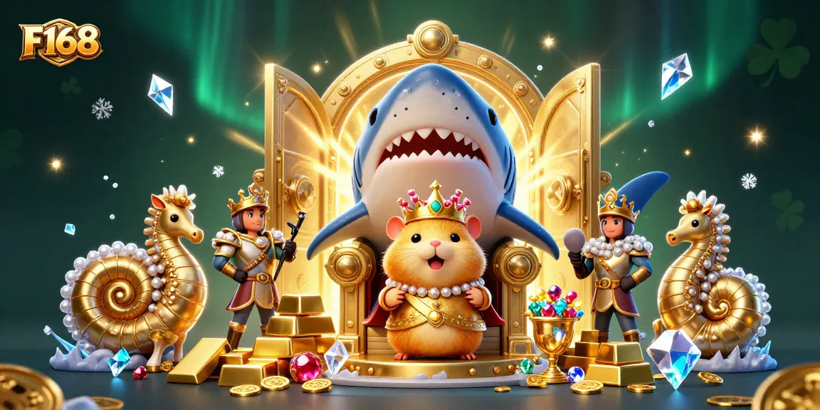 Join the excitement at F168's virtual casino with a fierce hamster king surrounded by treasure and lucky symbols.