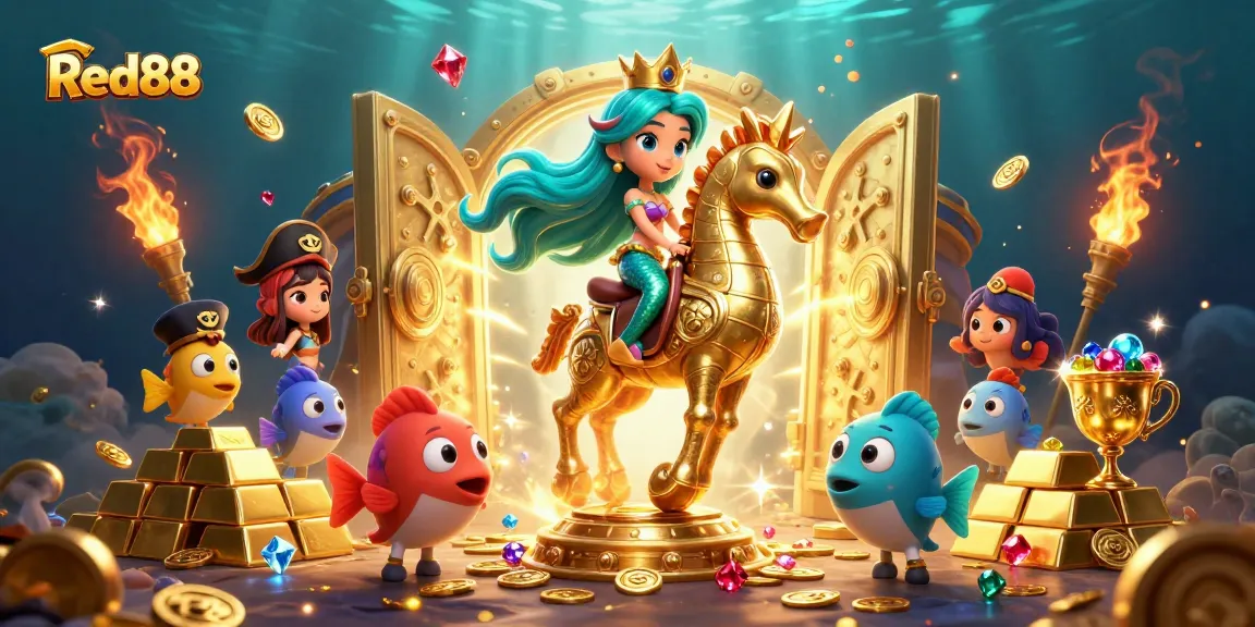 Experience the thrill of Red88 with vibrant casino elements from treasure vaults to mermaids!